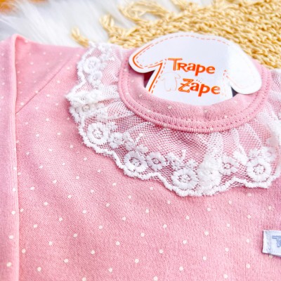  CONJ. DE MALHA 3 PEÇAS - Arco de Coração com Flores e Gola Gripyr - Rose e Off White